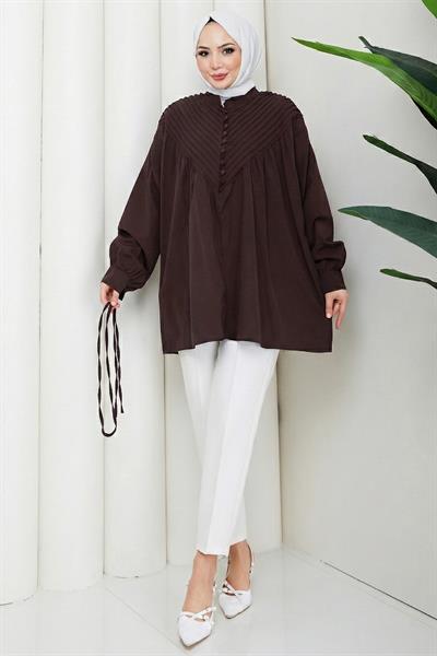 Nervürlü Yarım Pat Düğmeli Tunik Kahverengi HM2886