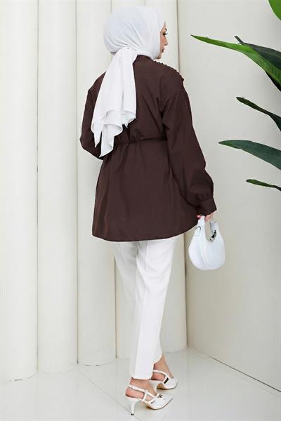 Nervürlü Yarım Pat Düğmeli Tunik Kahverengi HM2886