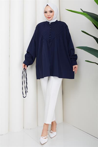 Nervürlü Yarım Pat Düğmeli Tunik Lacivert HM2886