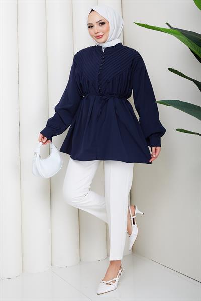 Nervürlü Yarım Pat Düğmeli Tunik Lacivert HM2886