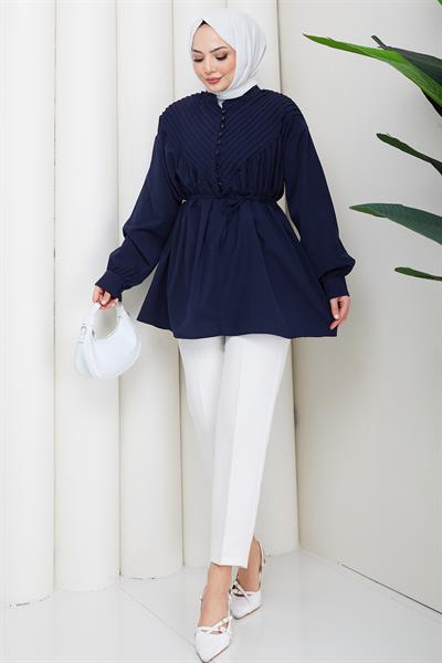 Nervürlü Yarım Pat Düğmeli Tunik Lacivert HM2886