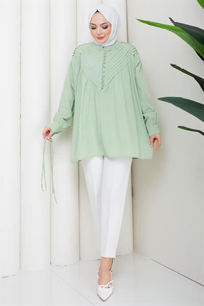 Nervürlü Yarım Pat Düğmeli Tunik Mint HM2886