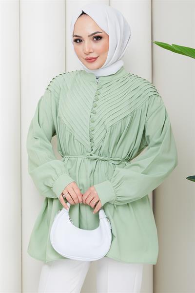 Nervürlü Yarım Pat Düğmeli Tunik Mint HM2886