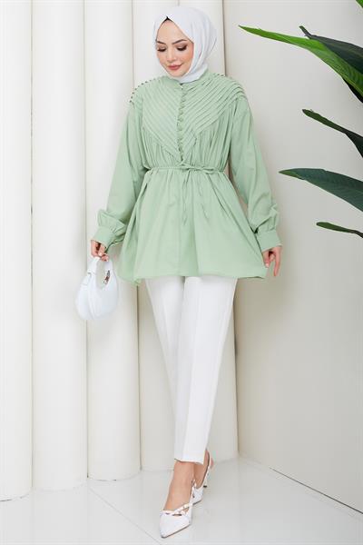 Nervürlü Yarım Pat Düğmeli Tunik Mint HM2886