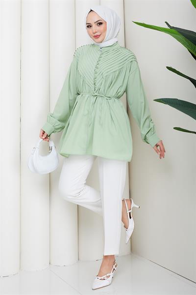 Nervürlü Yarım Pat Düğmeli Tunik Mint HM2886