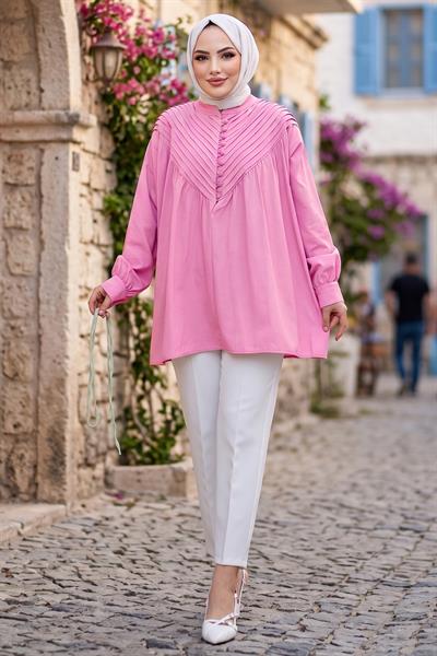 Nervürlü Yarım Pat Düğmeli Tunik Pembe HM2886