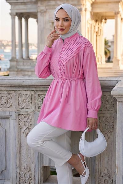 Nervürlü Yarım Pat Düğmeli Tunik Pembe HM2886