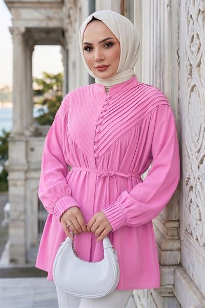 Nervürlü Yarım Pat Düğmeli Tunik Pembe HM2886