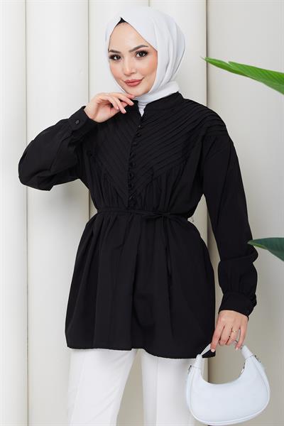 Nervürlü Yarım Pat Düğmeli Tunik Siyah HM2886