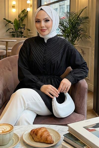 Nervürlü Yarım Pat Düğmeli Tunik Siyah HM2886