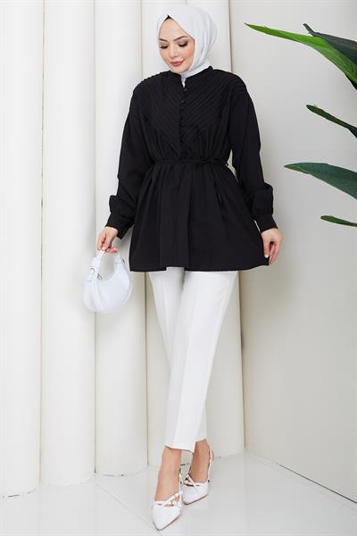 Nervürlü Yarım Pat Düğmeli Tunik Siyah HM2886