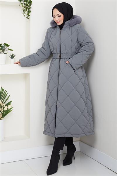 Nova Büyük Beden Kapitone Mont Gri HM2866