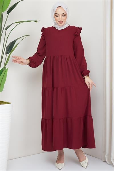 Omuzu Fırfırlı Ayrobin Tesettür Elbise Bordo HM2062