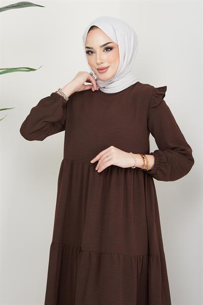Omuzu Fırfırlı Ayrobin Tesettür Elbise Kahverengi HM2062