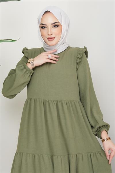 Omuzu Fırfırlı Ayrobin Tesettür Elbise Haki HM2062