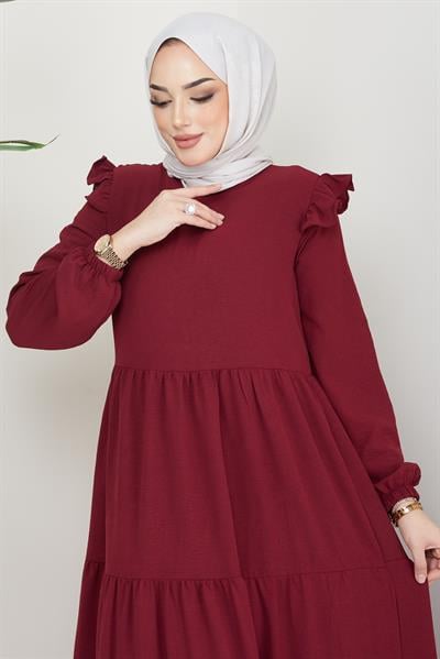 Omuzu Fırfırlı Ayrobin Tesettür Elbise Bordo HM2062