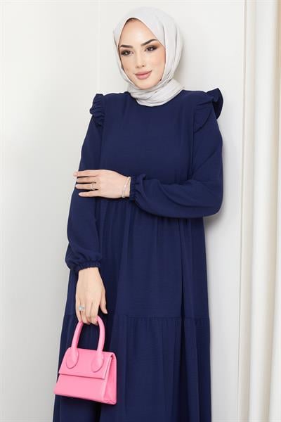 Omuzu Fırfırlı Ayrobin Tesettür Elbise Lacivert HM2062