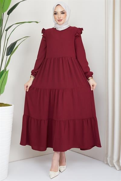 Omuzu Fırfırlı Ayrobin Tesettür Elbise Bordo HM2062