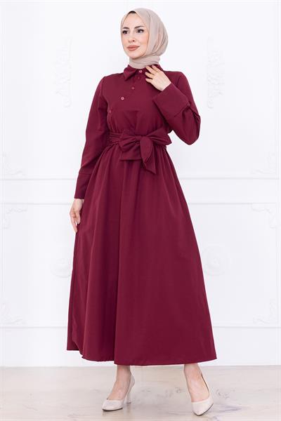 Önden Çapraz Düğmeli Kuşaklı Elbise Bordo HM2755