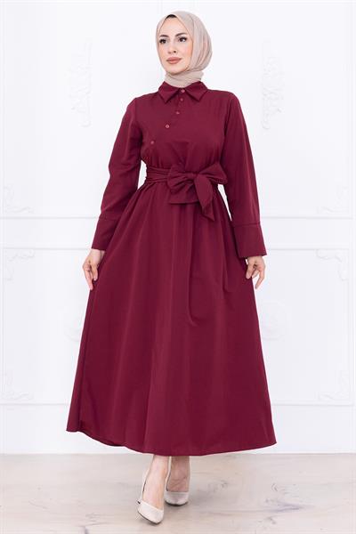 Önden Çapraz Düğmeli Kuşaklı Elbise Bordo HM2755