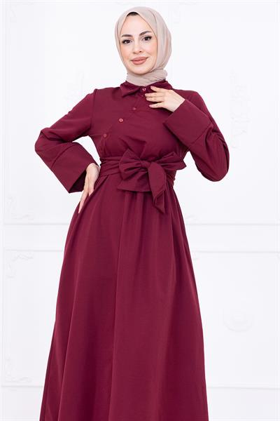 Önden Çapraz Düğmeli Kuşaklı Elbise Bordo HM2755