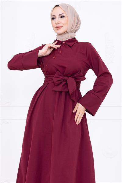 Önden Çapraz Düğmeli Kuşaklı Elbise Bordo HM2755