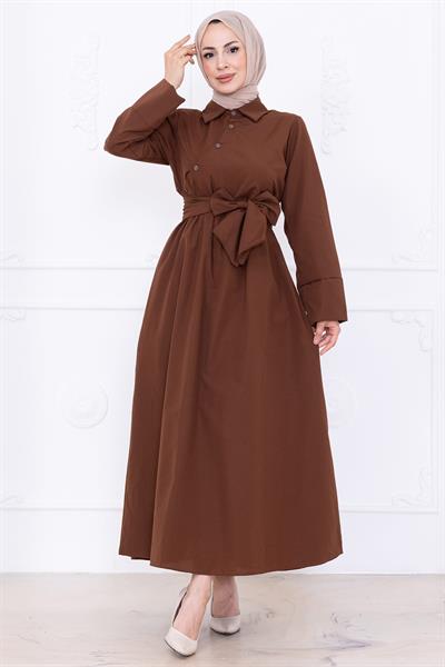 Önden Çapraz Düğmeli Kuşaklı Elbise Kahverengi HM2755