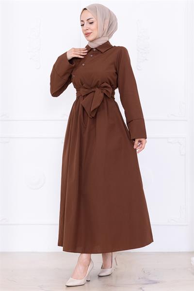 Önden Çapraz Düğmeli Kuşaklı Elbise Kahverengi HM2755