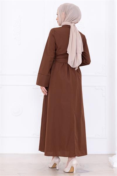 Önden Çapraz Düğmeli Kuşaklı Elbise Kahverengi HM2755