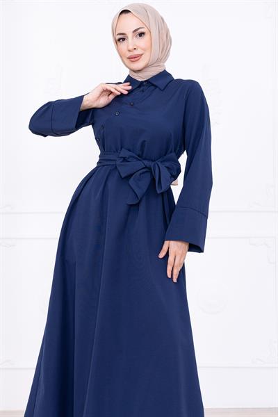 Önden Çapraz Düğmeli Kuşaklı Elbise Lacivert HM2755