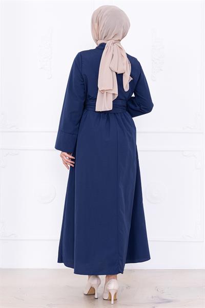 Önden Çapraz Düğmeli Kuşaklı Elbise Lacivert HM2755