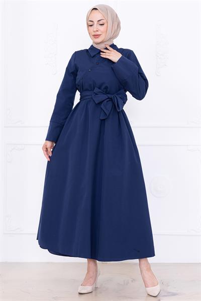 Önden Çapraz Düğmeli Kuşaklı Elbise Lacivert HM2755