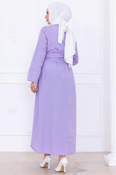 Önden Çapraz Düğmeli Kuşaklı Elbise Lila HM2755