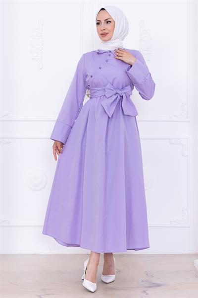 Önden Çapraz Düğmeli Kuşaklı Elbise Lila HM2755