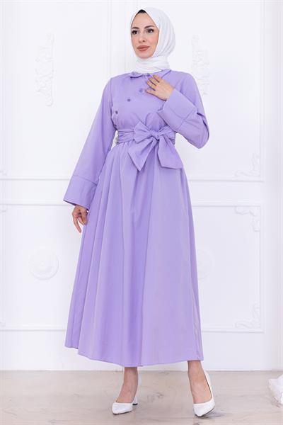 Önden Çapraz Düğmeli Kuşaklı Elbise Lila HM2755