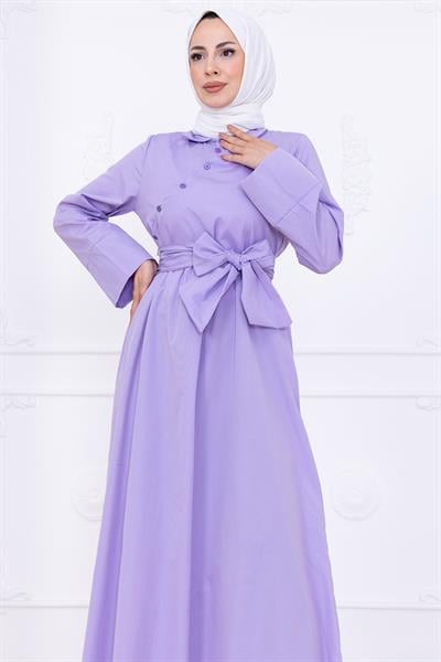 Önden Çapraz Düğmeli Kuşaklı Elbise Lila HM2755