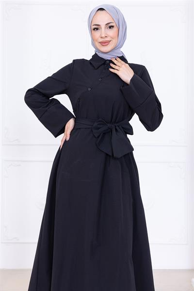Önden Çapraz Düğmeli Kuşaklı Elbise Siyah HM2755