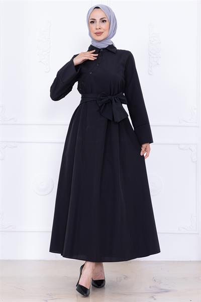 Önden Çapraz Düğmeli Kuşaklı Elbise Siyah HM2755