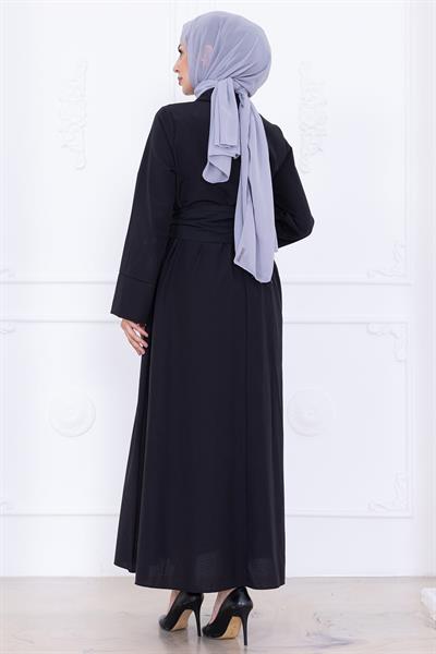 Önden Çapraz Düğmeli Kuşaklı Elbise Siyah HM2755