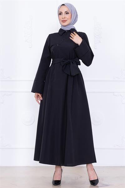 Önden Çapraz Düğmeli Kuşaklı Elbise Siyah HM2755