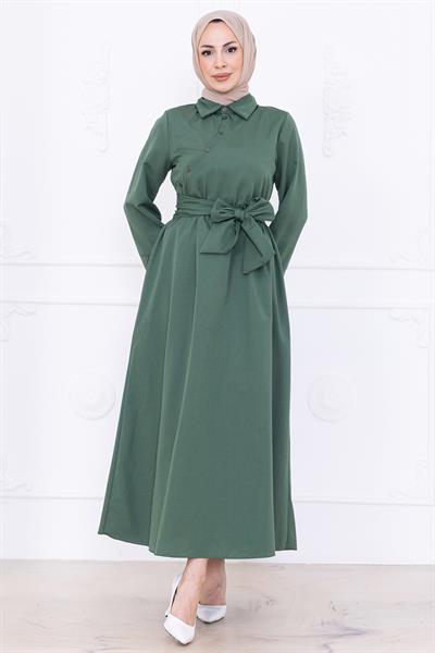 Önden Çapraz Düğmeli Kuşaklı Elbise Yeşil HM2755
