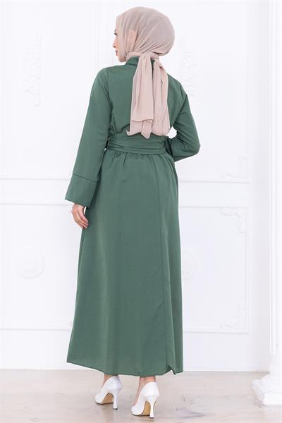 Önden Çapraz Düğmeli Kuşaklı Elbise Yeşil HM2755