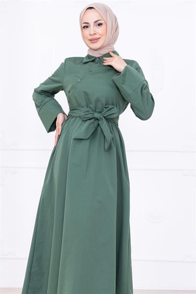 Önden Çapraz Düğmeli Kuşaklı Elbise Yeşil HM2755