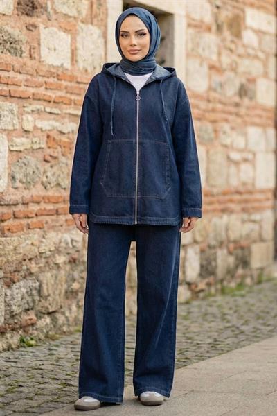 Önden Fermuarlı Kanguru Cepli İkili Kot Takım HM2880 Mavi