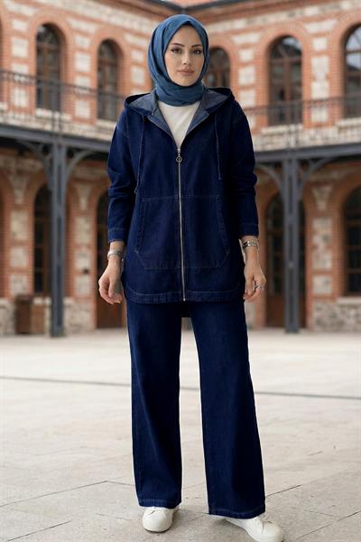 Önden Fermuarlı Kanguru Cepli İkili Kot Takım HM2880 Koyu Mavi
