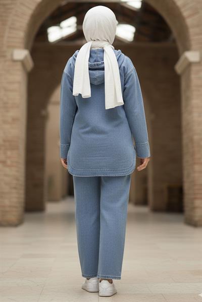 Önden Fermuarlı Kanguru Cepli İkili Kot Takım HM2880 Açık Mavi