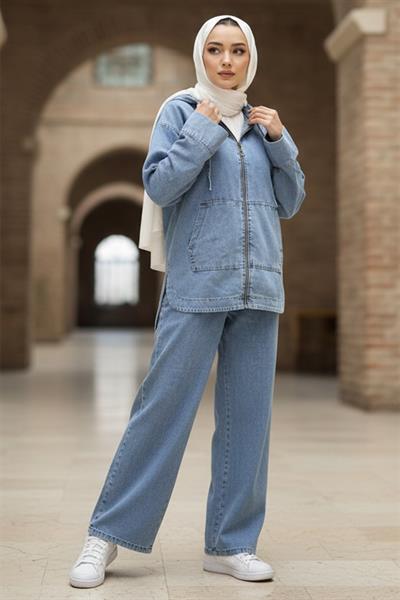 Önden Fermuarlı Kanguru Cepli İkili Kot Takım HM2880 Açık Mavi