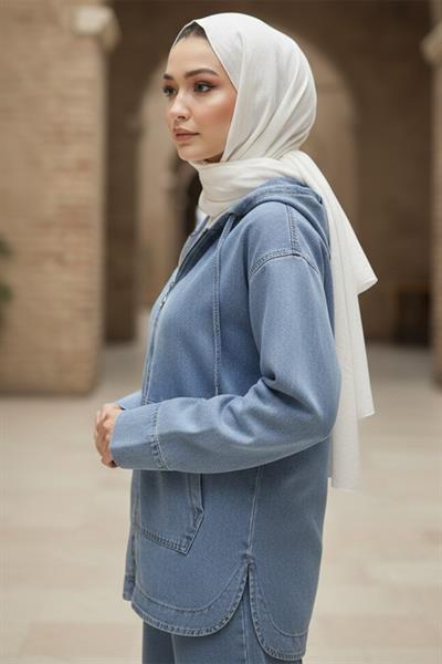 Önden Fermuarlı Kanguru Cepli İkili Kot Takım HM2880 Açık Mavi