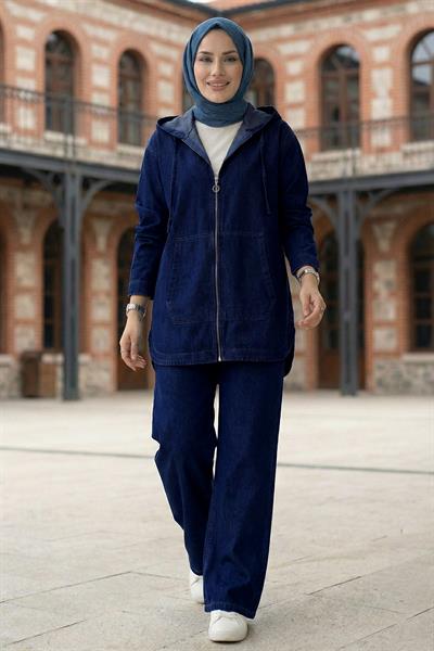 Önden Fermuarlı Kanguru Cepli İkili Kot Takım HM2880 Koyu Mavi