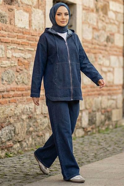 Önden Fermuarlı Kanguru Cepli İkili Kot Takım HM2880 Mavi